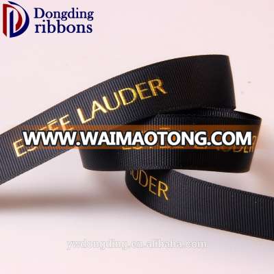 Wholesale custom logo 1 inch black grosgrain ribbon gold foil printed ribbon