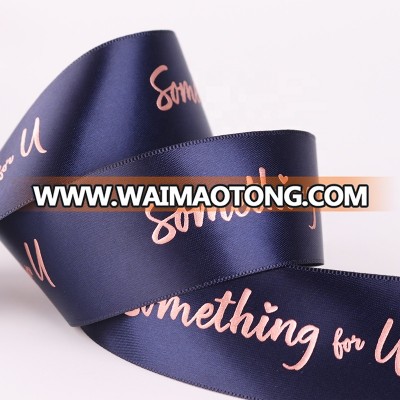 rose gold foaming hot stamping logos Custom gold raised foil printed ribbon ,3.8cm dark blue polyester ribbon